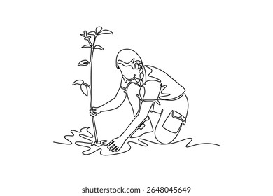 Plantando árvore no conceito da cidade. Design de desenho de linha única. Ilustração gráfica vetorial