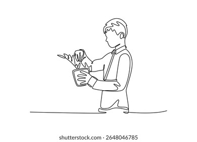 Planting tree in city concept. Single line draw design. Vector graphic illustration
