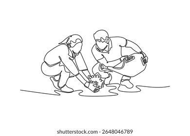 Planting tree in city concept. Single line draw design. Vector graphic illustration