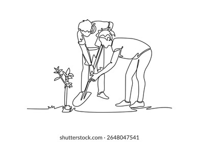 Planting tree in city concept. Single line draw design. Vector graphic illustration