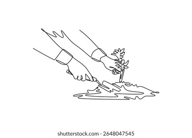 Planting tree in city concept. Single line draw design. Vector graphic illustration