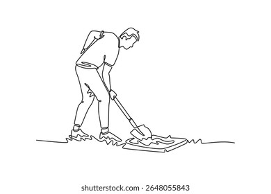 Planting tree in city concept. Single line draw design. Vector graphic illustration