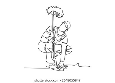 Planting tree in city concept. Single line draw design. Vector graphic illustration