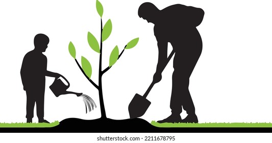 Planting tree concept illustration, vector, silhouette