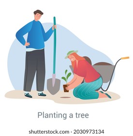 El concepto de plantar árboles. Una pareja joven se dedicó a la jardinería. El hombre con pala ayuda a las mujeres a plantar flores. A la gente le importa el medio ambiente. Dibujo vectorial plano de dibujos animados aislado en fondo blanco