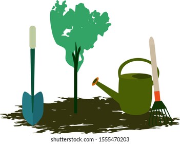Planting a tree. Garden tool shovel and rake. Vector illustration on isolated background.