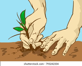 Planting Tree. Hands Put a Sprout In The Ground. Cartoon Color Vector Sketch.
