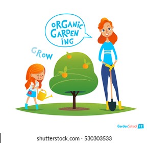 Planting tree with kids. Eco concept. Engaging in Montessori education activities. Organic gardening. Vegan garden. Vector illustration