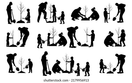 Planting tree   landscaping  Silhouette people and  tree seedling   watering cans   shovel  Set  Vector illustration