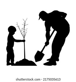 Plantando árboles y paisajismo. Siluetas de hombre con pala y niño con árbol desnudo. Ilustración del vector