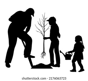 Planting tree and landscaping. Silhouettes of man with shovel and children girls with tree seedling and watering can. Vector illustration