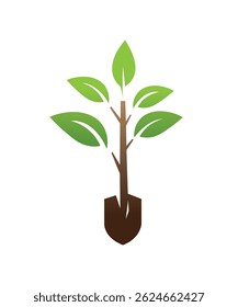 Planting tree leaves with shovel spade vector icon
