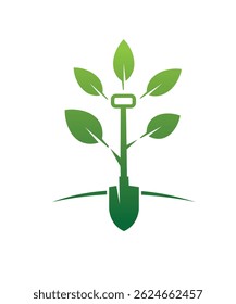 Planting tree leaves with shovel spade vector icon