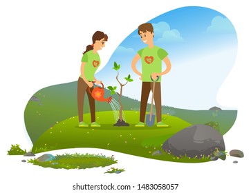 Planting tree, man and woman, gardening and growing. Mountains, environment and ecology, girl and guy with watering can and spade, cultivation. Vector illustration in flat cartoon style