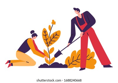 Planting tree, man and woman gardening and growing plant vector. Male and female characters, girl and guy with spade or shovel. Cultivation and agriculture, ecology and environment, garden tool