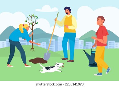 Planting tree at nature, vector illustration, flat man woman person make garden at cityscape, help environment ecology by gardening together.