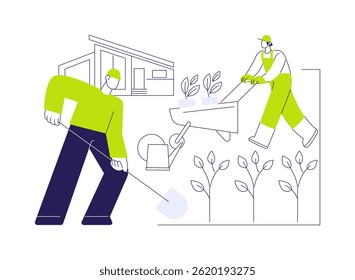 Plantando árvores conceito abstrato vetor ilustração. Grupo de empreiteiros plantando árvores, construção comercial, indústria paisagística, estação de jardinagem, desenvolvimento de parques metáfora abstrata.