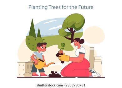 Planting trees. Environment protection and reduction of carbon footprint. Global strategy to reduce CO2 emissions. Pollution free and carbon neutral living goal. Flat vector illustration