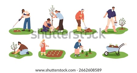 Planting trees, growing sapling, seeding, caring about seedling set. People, men, women, kids sowing in garden, park, farm. Work in nature. Flat vector illustrations isolated on white background