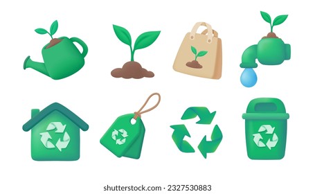 Planting trees and using recycled materials helps reduce waste in the world. 3D vector illustration
