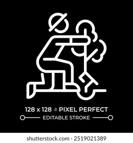 Planting trees white linear icon for dark theme. Gardener planting sapling. Environmental care. Reforestation. Garden work. Thin line illustration. Isolated symbol for night mode. Editable stroke
