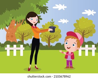 Concepto vectorial de plantación: Madre joven dando plantas a su hijo pequeño mientras está en el jardín