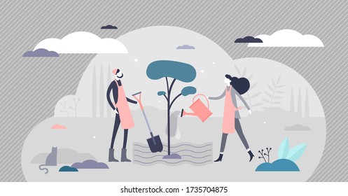 Planting vector illustration. Tree cultivation flat tiny persons concept. Forestation process as sustainable ecological farming. Herbal botany outdoor activity with plant, shovel and watering tools.