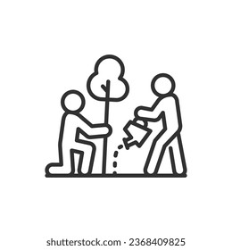 Planting young trees, linear icon. People planting a tree. Line with editable stroke