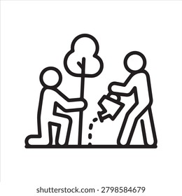 Planting young trees, linear icon. People planting a tree. Line with editable stroke.