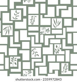 Plants and abstract collage seamless pattern. Vector geometric monochrome background