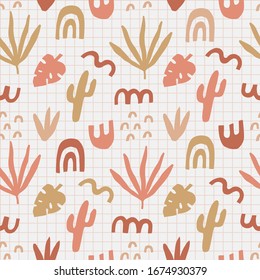 Plants and abstract elements on grid background. Cute seamless pattern. Vector