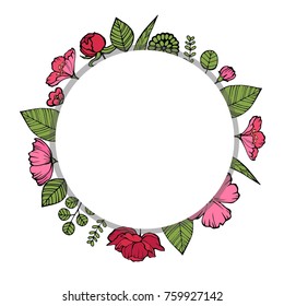 Plants banner concept - green and flowers round banner design. Vector illustration on white background.