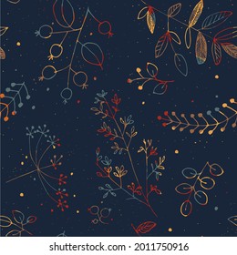 Plants and berries seamless pattern. Texture for wallpapers, fabric, wrapper, web page backgrounds, vector illustration. 