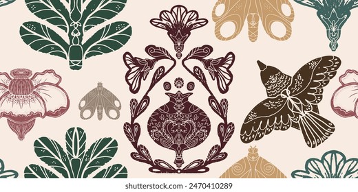 Plants and birds. Natural floral Scandinavian pattern. Graphic texture elements in linocut style. Vector seamless overlapping pattern background wallpaper fabric.