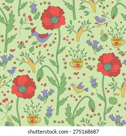 Plants And Birds Seamless Pattern