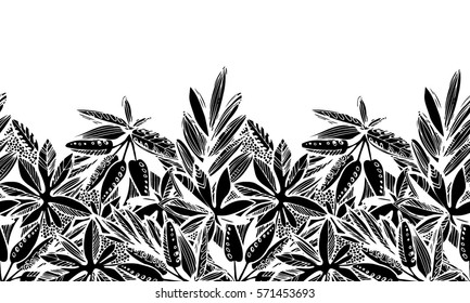 Plants. Black and white illustration. Seamless vector. Horizontal