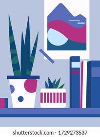 Plants and books on the shelf cute vector illustration