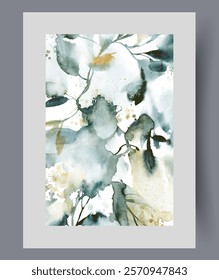 Plants from botanical garden with variety of flora and trees on wall art. Watercolor print. Artwork with petals and twigs for design on botanical theme, in frame with decor for poster