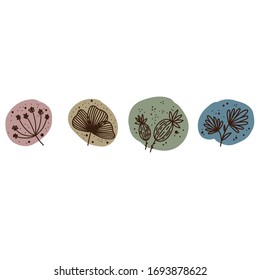  Plantas e ilustraciones botánicas.Juego de flores. Colores Pastel. Simple ilustración vectorial.