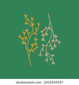 Plants, branch. Spring green poster. Interior poster, postcard, cover. Flat design, cartoon drawing, vector illustration.