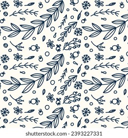 Plantas, ramas de bayas de invierno. Patrón botánico sin costuras dibujado a mano. Ornamento de Navidad para el diseño de tejidos, papel, textiles, envolturas, papel pintado. Diseño invernal. Ilustración del vector