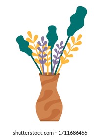 Plants in brown vase isolated on white background. Bunch of leaves and spikes stand in vessel with water. Vegetation used for decoration, house interior. Vector illustration of bouquet in flat style