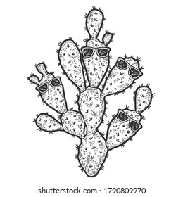 Plants, cactus with glasses. Sketch scratch board imitation.