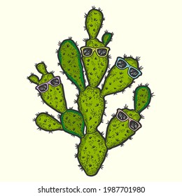Plantas, cactus con gafas. Esbozar color de imitación de tablero de arañazos.