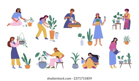 cuidado de plantas. juego de personajes botánicos de jardinería, personajes cuidando plantas de hogar de ecología verde jardín. colección plana de personajes minimalistas de dibujos animados vectoriales.