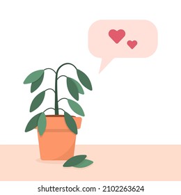 Plants care concept in a flat style. A potted houseplant dying without care or watering. Thoughts of love and care. Cute vector illustration.