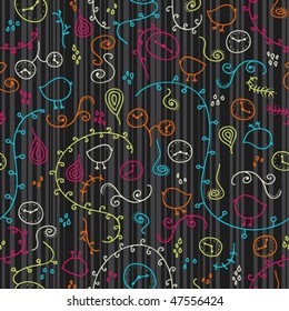 Plants, clocks and birds seamless pattern
