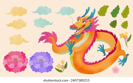 Plants, clouds and oriental dragon isolated cream white background.