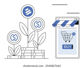 Plantas com moedas crescendo a partir de pilhas de dinheiro ao lado de um smartphone com um aplicativo de compras com um carrinho e botão de compra. Ideal para temas de comércio eletrônico, crescimento financeiro, investimentos on-line, digital