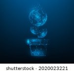 plants coins low poly wireframe. Saving money concept tree growing. isolated on blue dark background. vector illustration in fantastic digital design. made of lines and triangles, point.